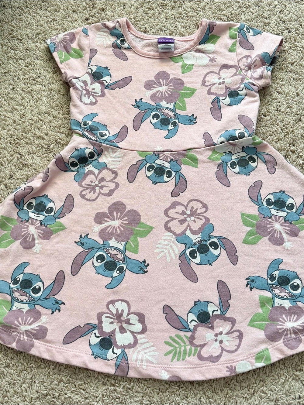 Disney Pink Dress with Blue Stitch Print and Green Leaves